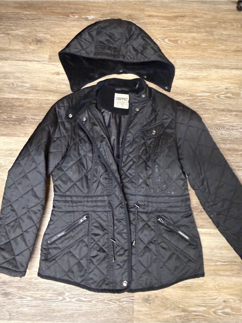 Esprit Women's Vintage Black Hooded Quilted Coat Size Large